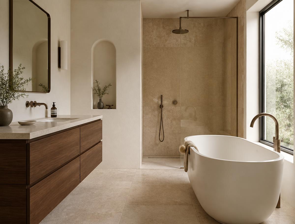Bathroom renovation concept with travertine tile and a walnut vanity