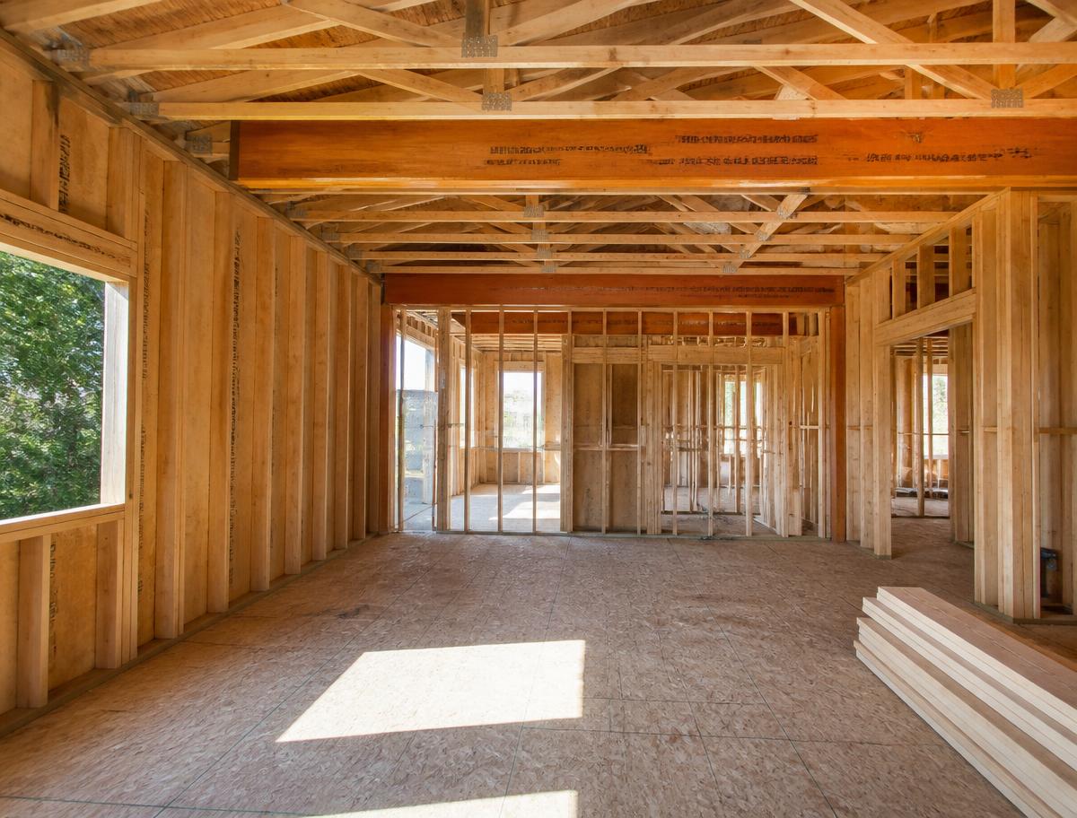 Residential construction progress with framing and new beams in place