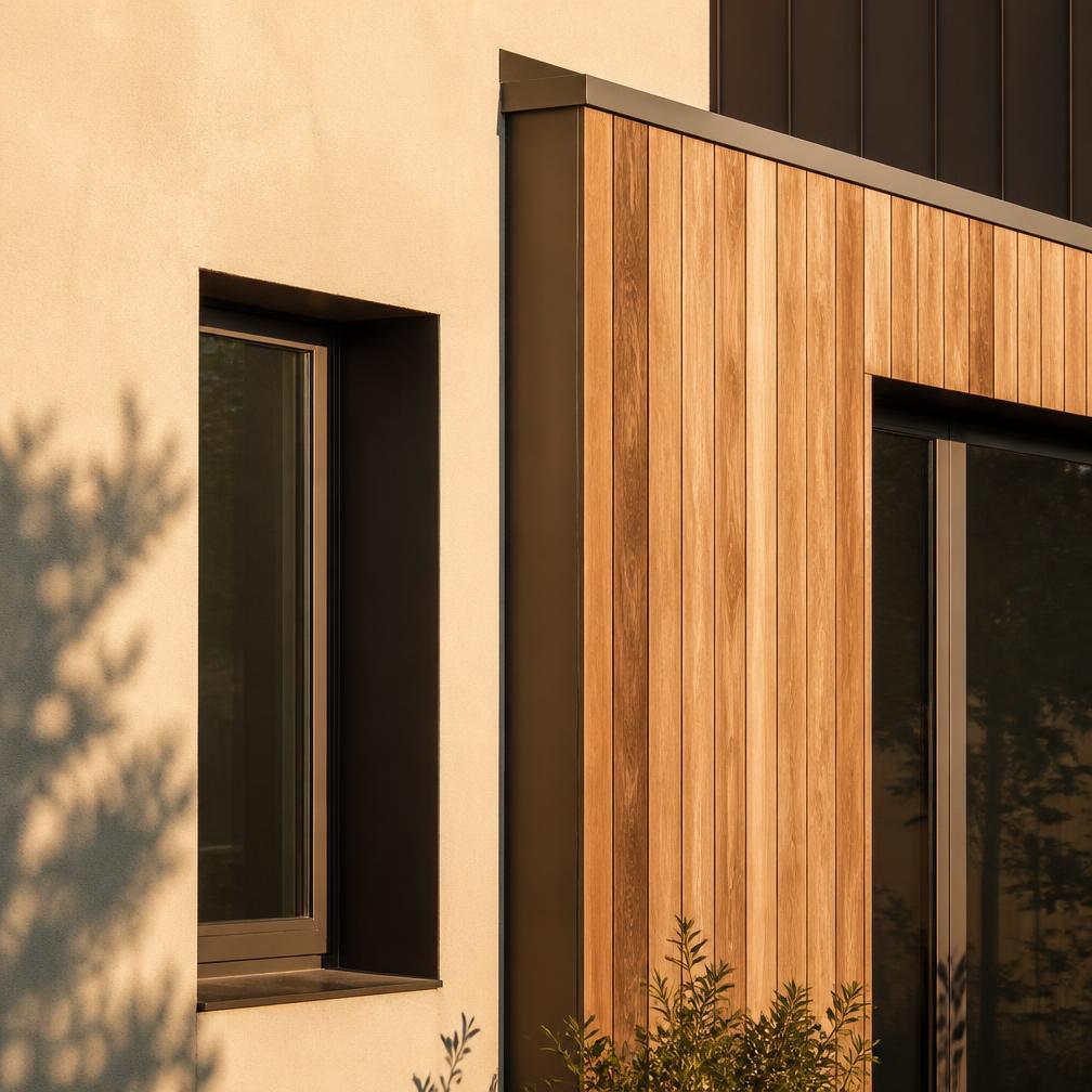 Architectural facade detail of stucco, cedar cladding and a bronze window reveal
