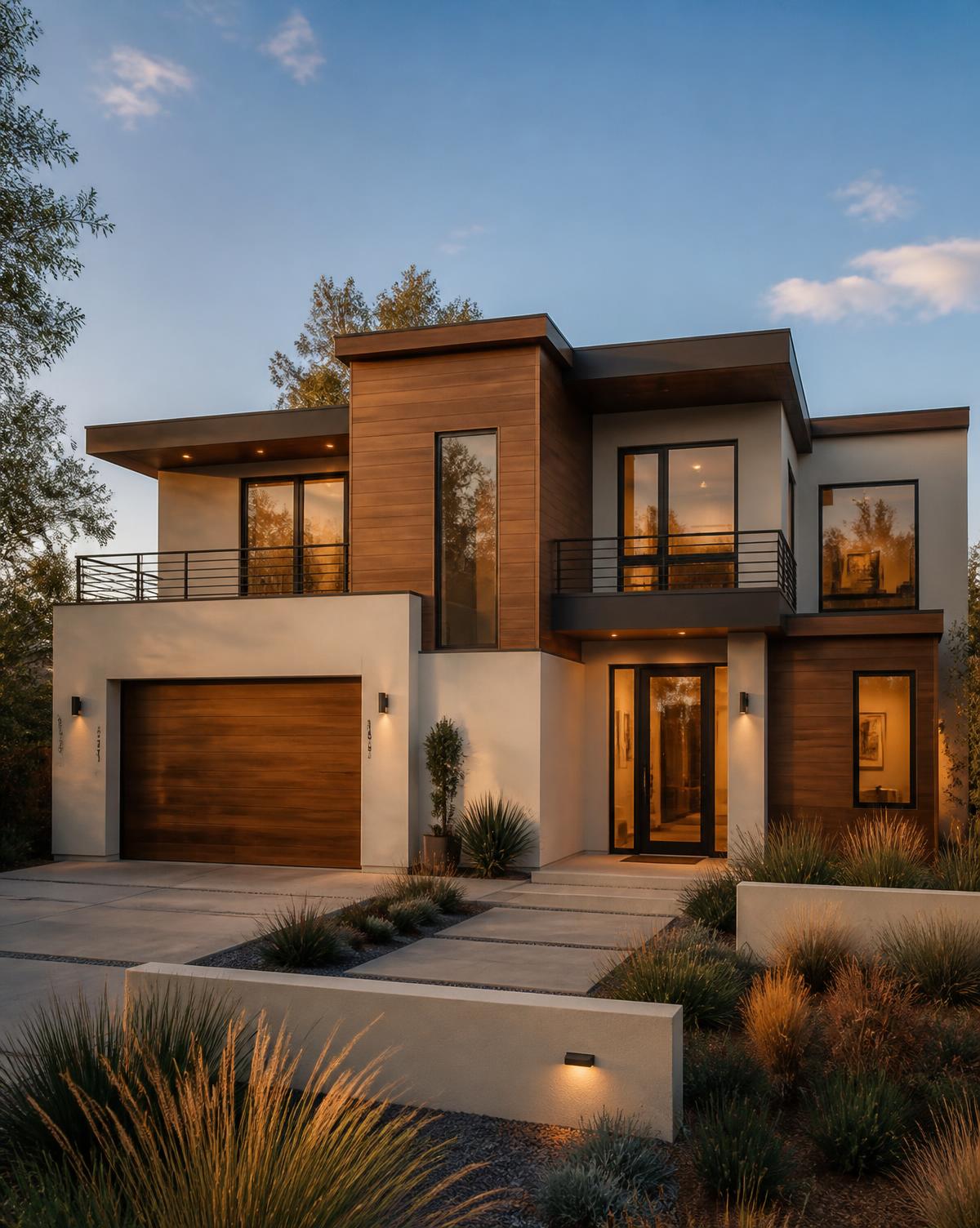 Contemporary residential architecture with cream stucco and wood cladding