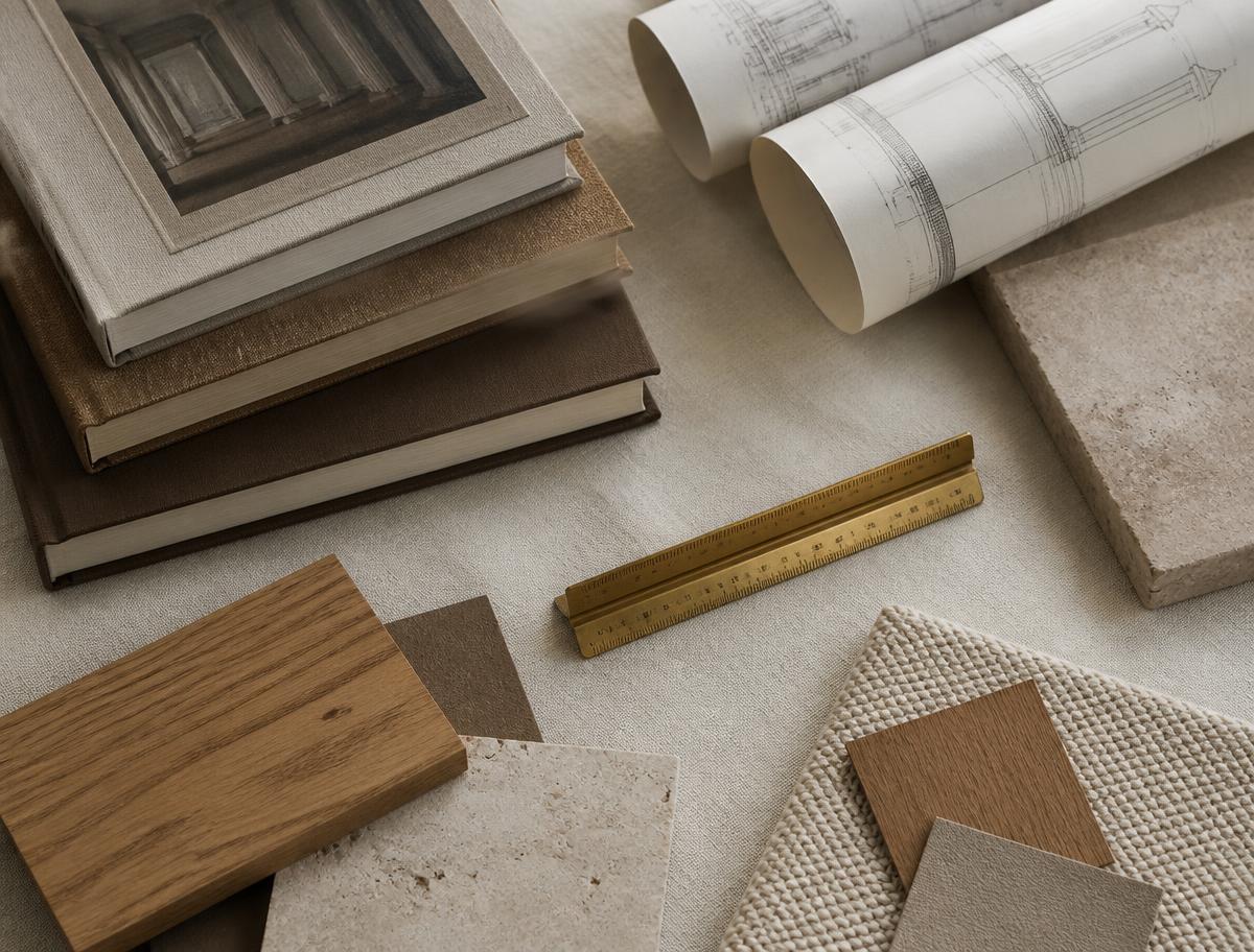 Architectural documentation, drawing rolls and material samples