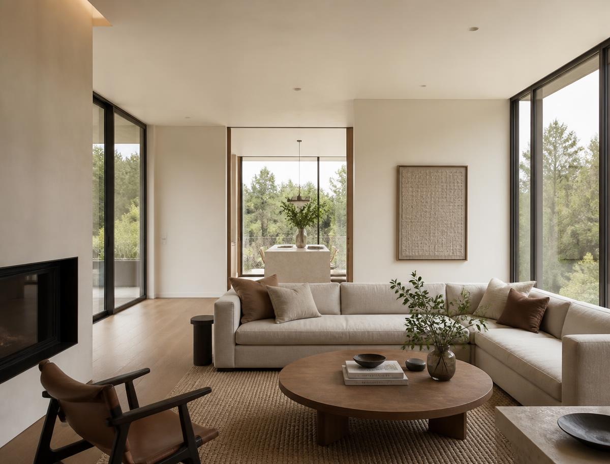 Calm modern living space with cream plaster walls and oak flooring